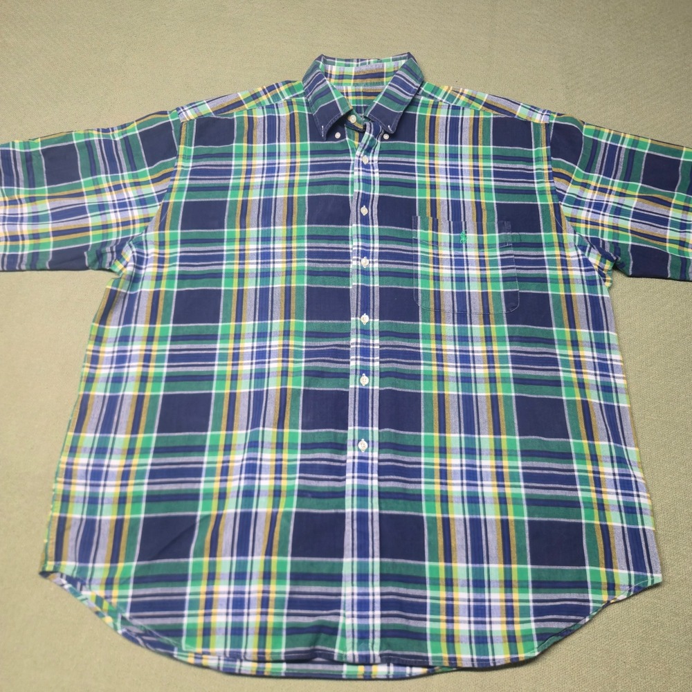 Polo Ralph Lauren Mens Short Sleeve Plaid Button Down Shirt Navy Green Yellow M
